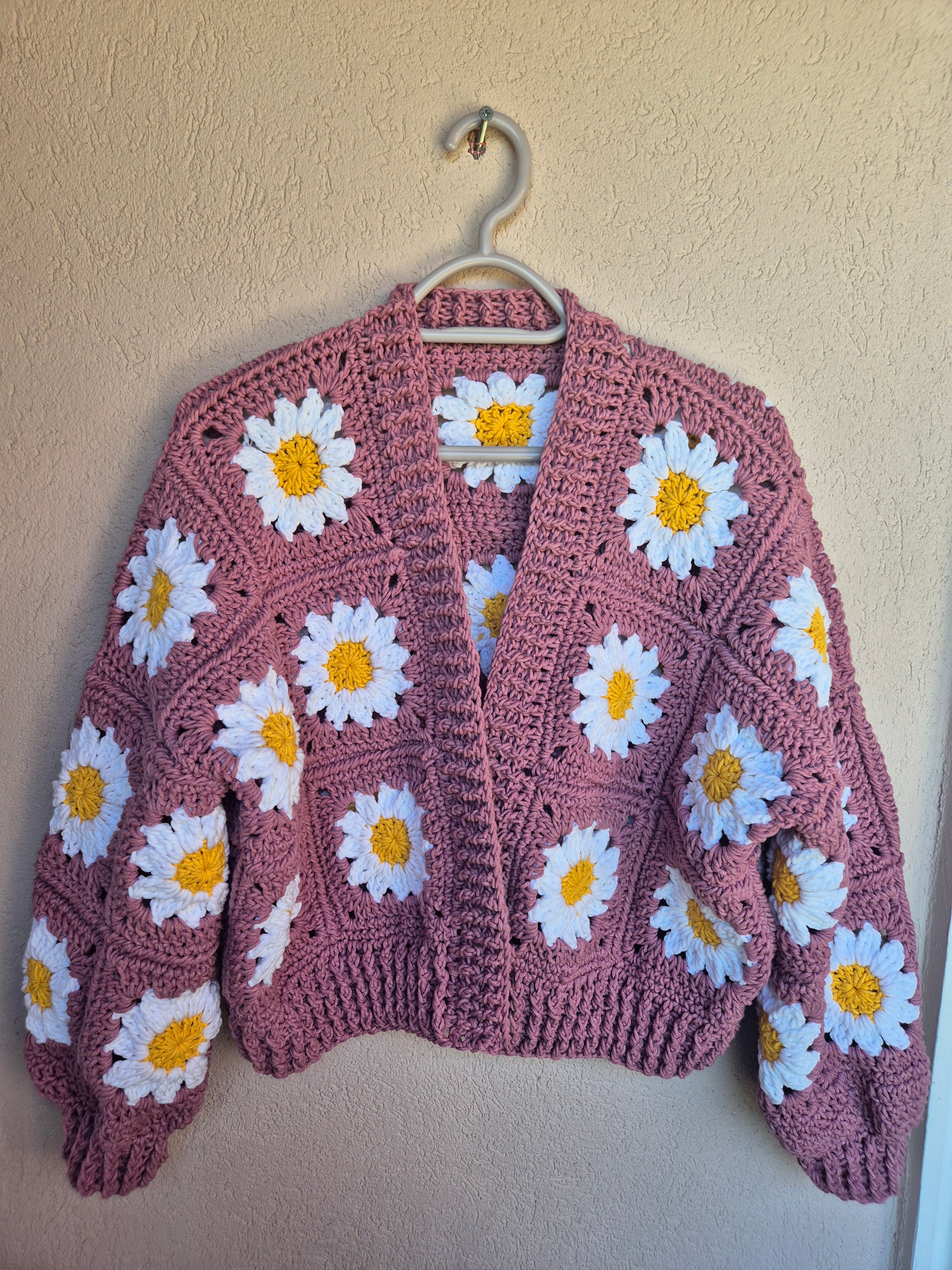 Rose Color Daisy Cardigan with White Petals and Golden Yellow Center