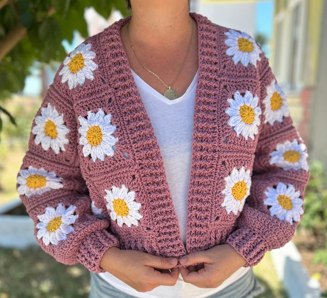 Rose Color Daisy Cardigan with White Petals and Golden Yellow Center