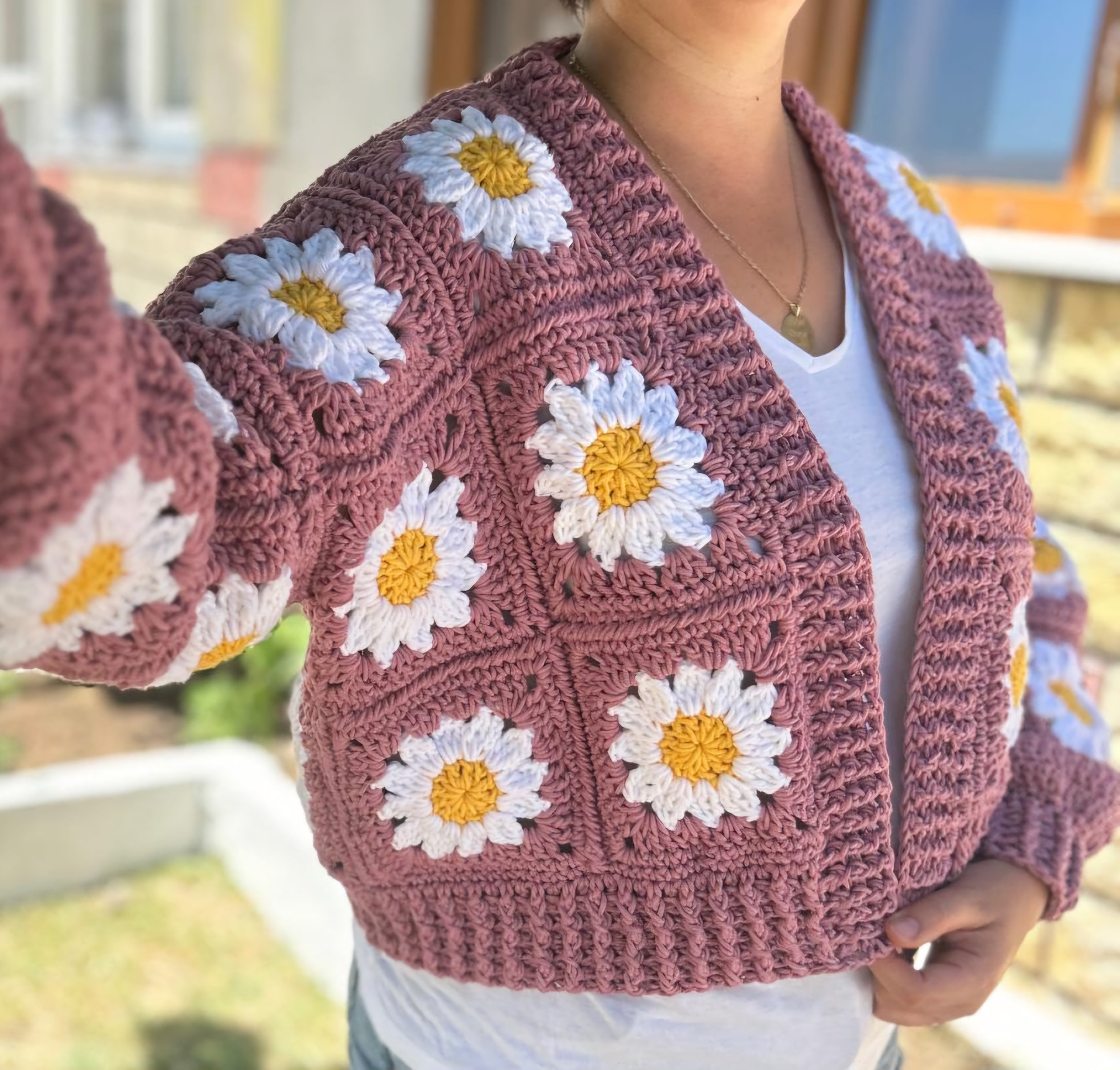 Rose Color Daisy Cardigan with White Petals and Golden Yellow Center