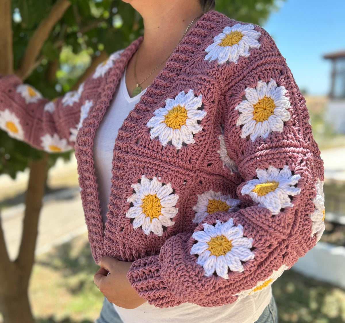 Rose Color Daisy Cardigan with White Petals and Golden Yellow Center