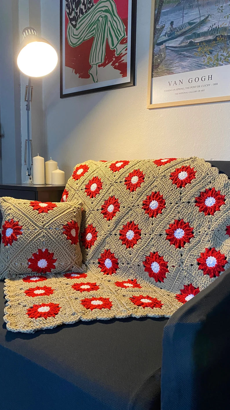Bohemian Sofa Throw & Pillow with Dreamy Daisy Flower