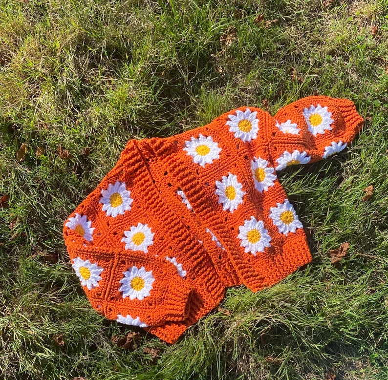 Floral Orange Cardigan with Daisy Design