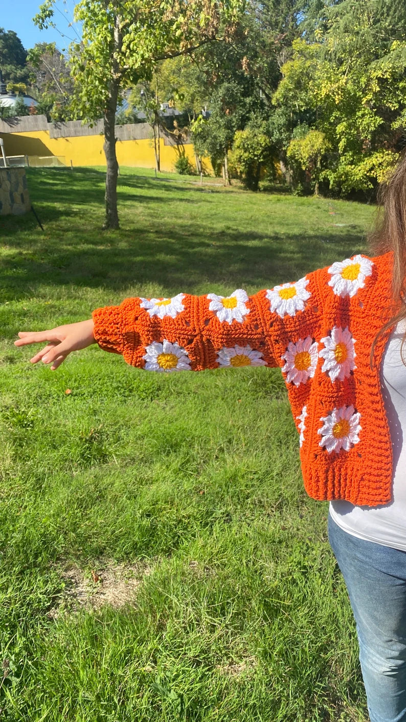 Floral Orange Cardigan with Daisy Design