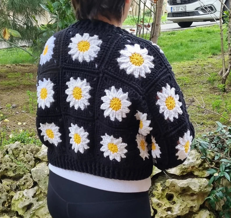 Elegant Crochet Cardigan with White Daisies