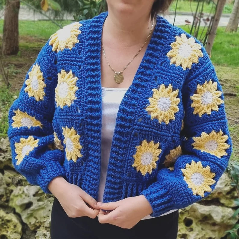 Boho Chic Daisy Flower Blue Cardigan