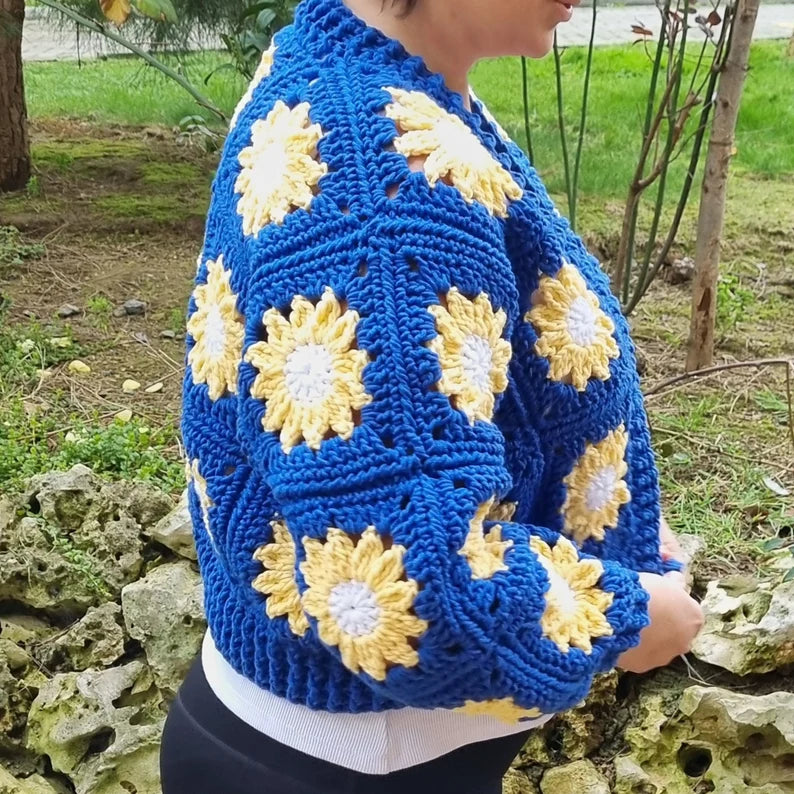 Boho Chic Daisy Flower Blue Cardigan
