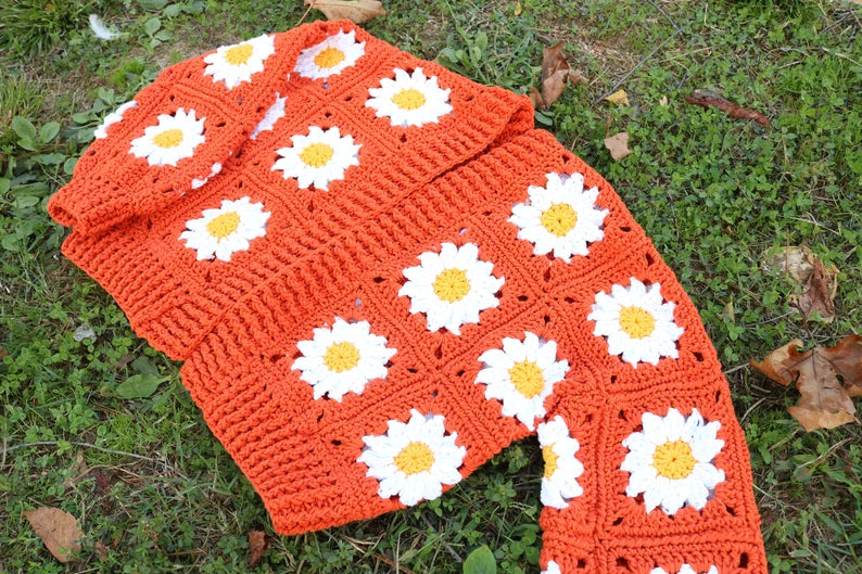 Floral Orange Cardigan with Daisy Design