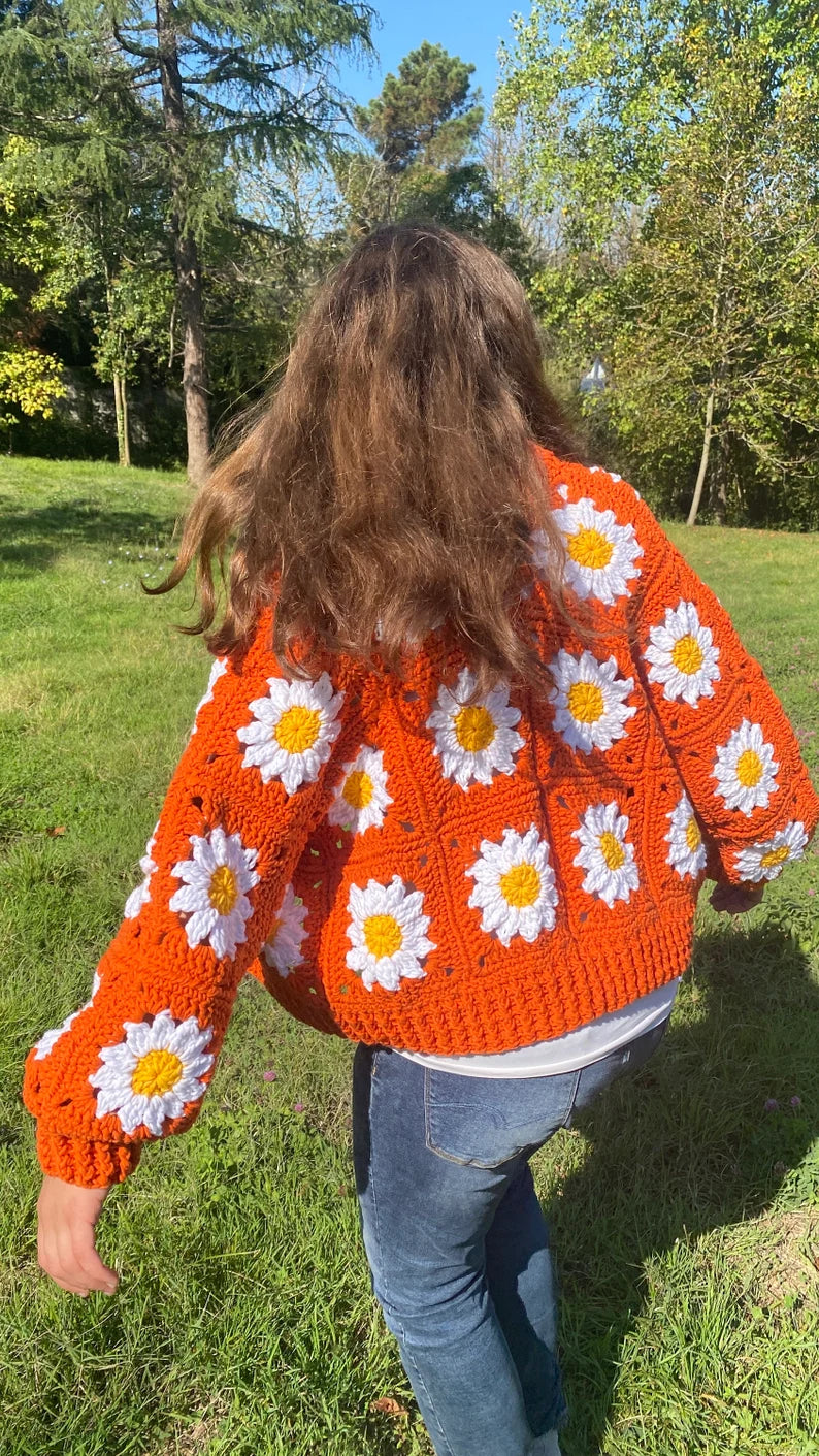 Floral Orange Cardigan with Daisy Design