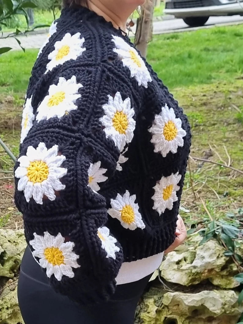 Elegant Crochet Cardigan with White Daisies