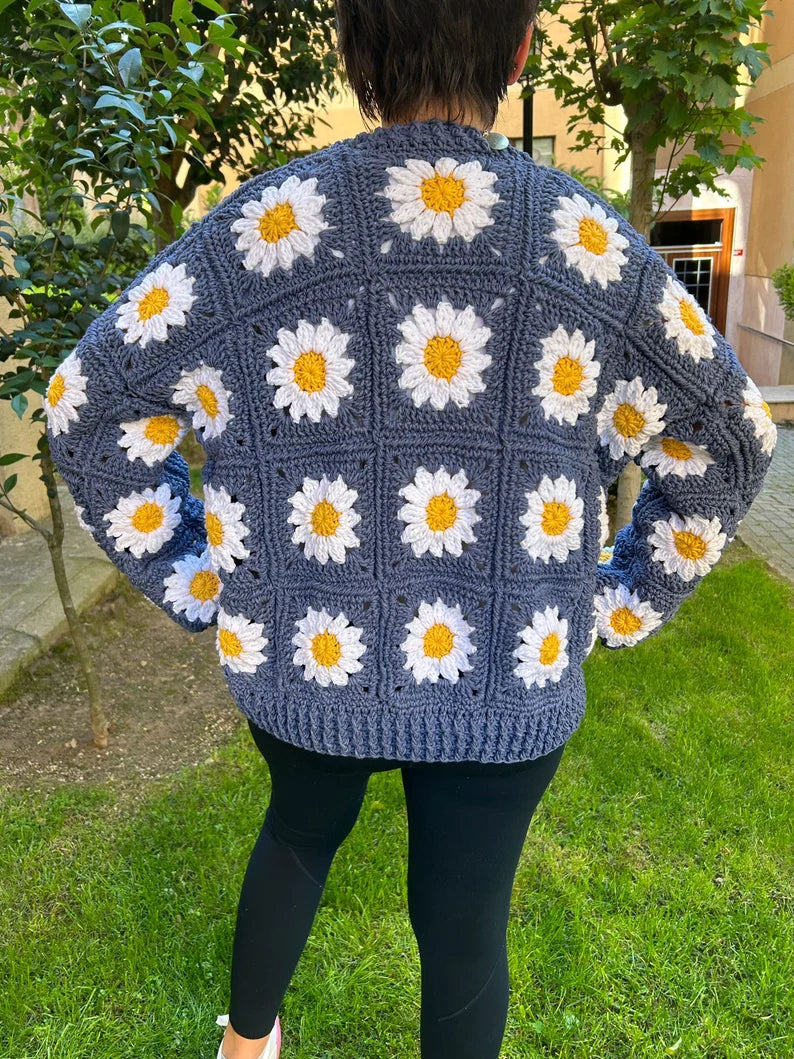 Hand-Made Dusty Blue Cardigan with White and Gold Daisies