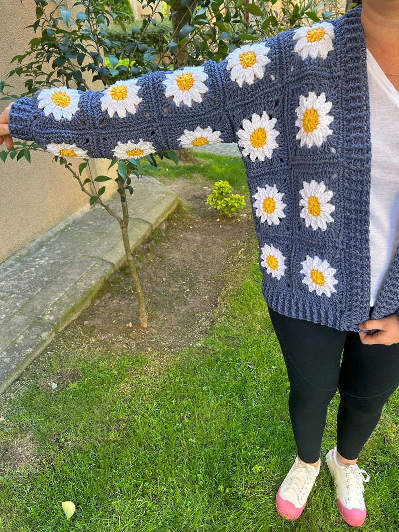 Hand-Made Dusty Blue Cardigan with White and Gold Daisies