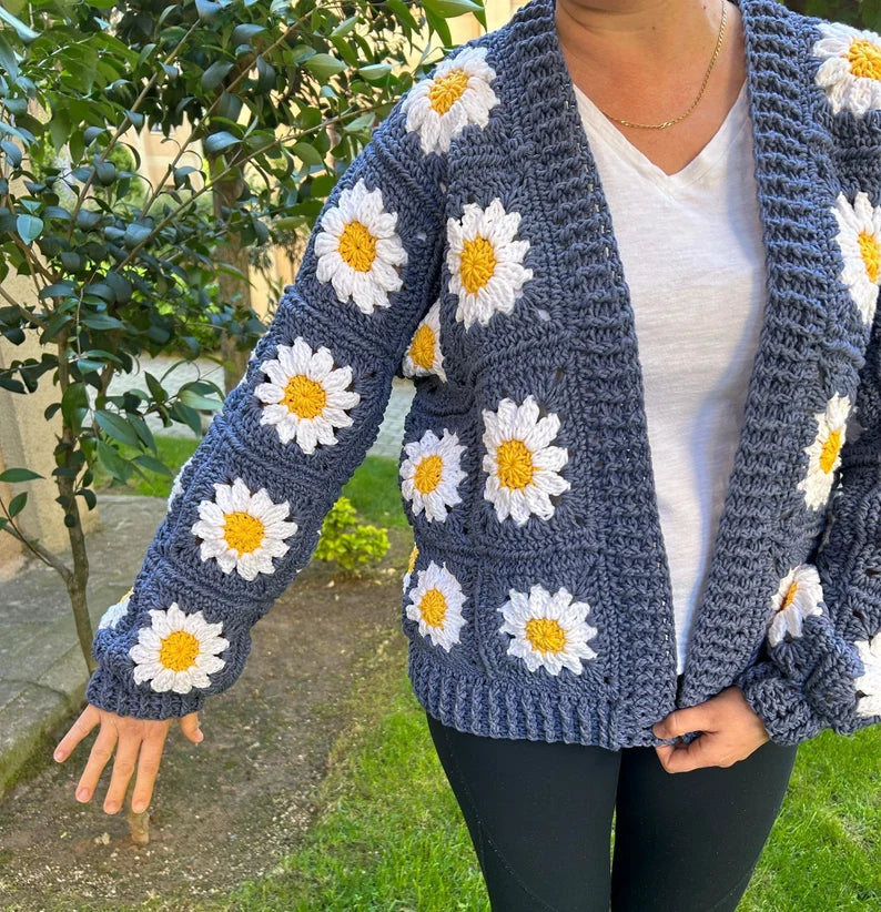 Hand-Made Dusty Blue Cardigan with White and Gold Daisies
