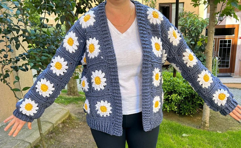 Hand-Made Dusty Blue Cardigan with White and Gold Daisies
