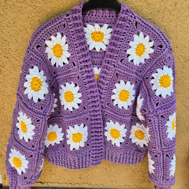 Handmade Purple Daisy Flower Cardigan with Gold Centered Detail