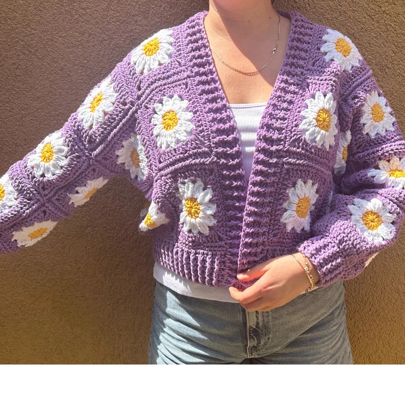 Handmade Purple Daisy Flower Cardigan with Gold Centered Detail