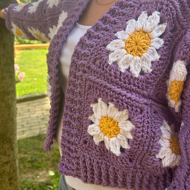 Handmade Purple Daisy Flower Cardigan with Gold Centered Detail
