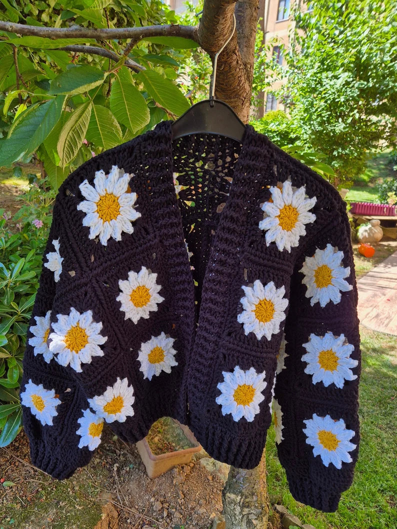 Elegant Crochet Cardigan with White Daisies