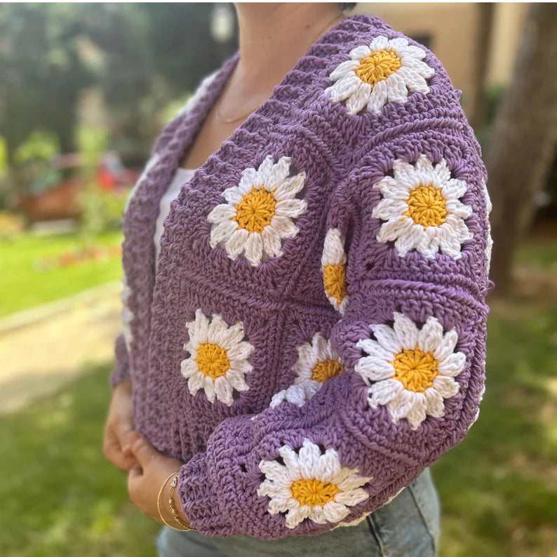 Handmade Purple Daisy Flower Cardigan with Gold Centered Detail