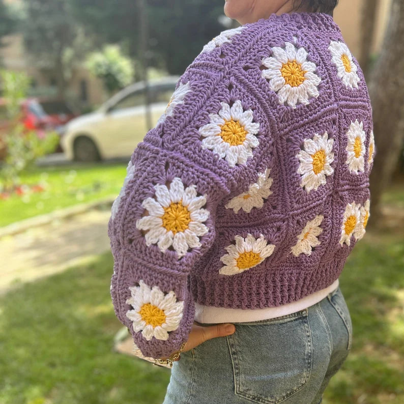 Handmade Purple Daisy Flower Cardigan with Gold Centered Detail