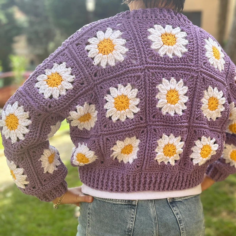 Handmade Purple Daisy Flower Cardigan with Gold Centered Detail