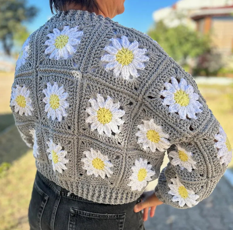 Handmade Grey Crochet Cardigan with Dainty Daisy Motifs