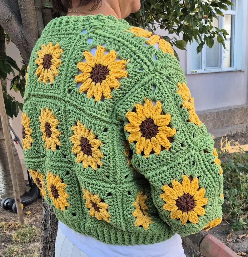 Handmade Green Crochet Cardigan with Sunflower Design