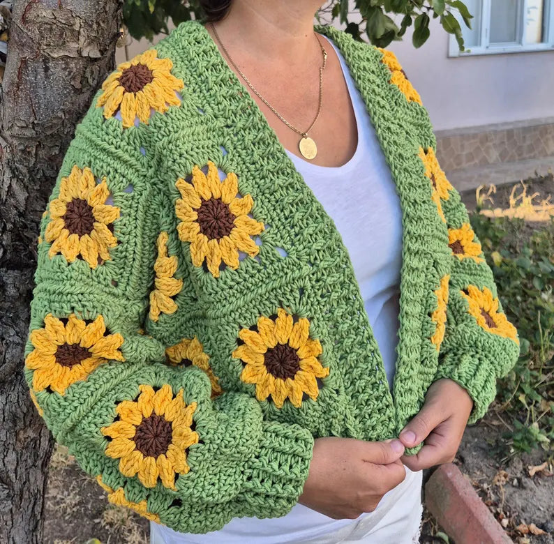 Handmade Green Crochet Cardigan with Sunflower Design
