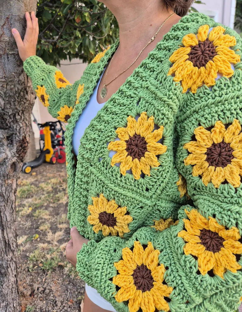 Handmade Green Crochet Cardigan with Sunflower Design