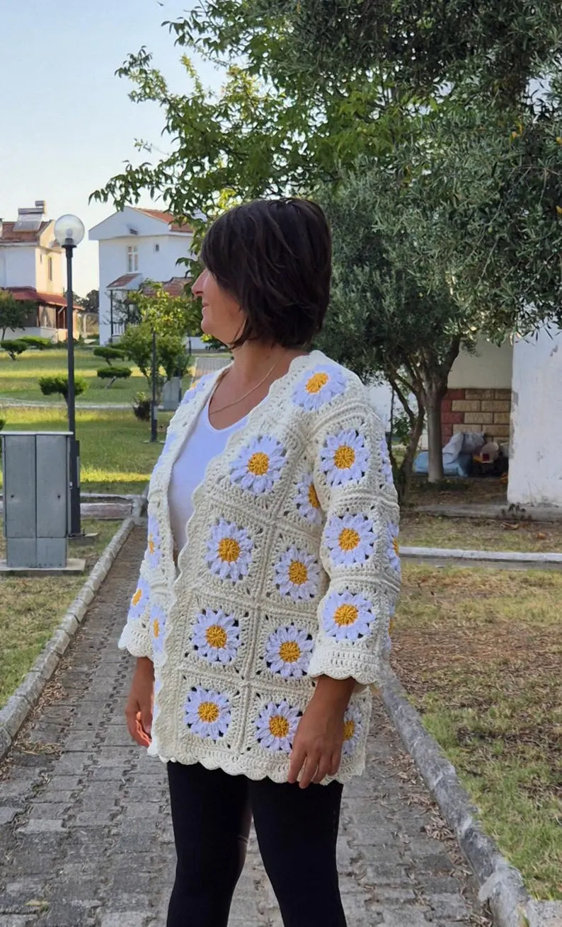 Handmade Crochet Kimono with Daisy Flower Motif