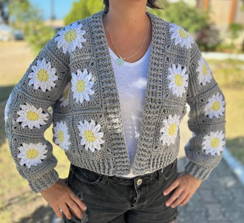 Handmade Grey Crochet Cardigan with Dainty Daisy Motifs