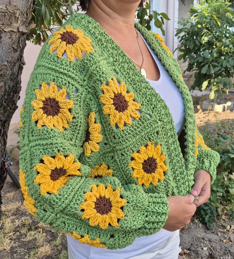 Handmade Green Crochet Cardigan with Sunflower Design