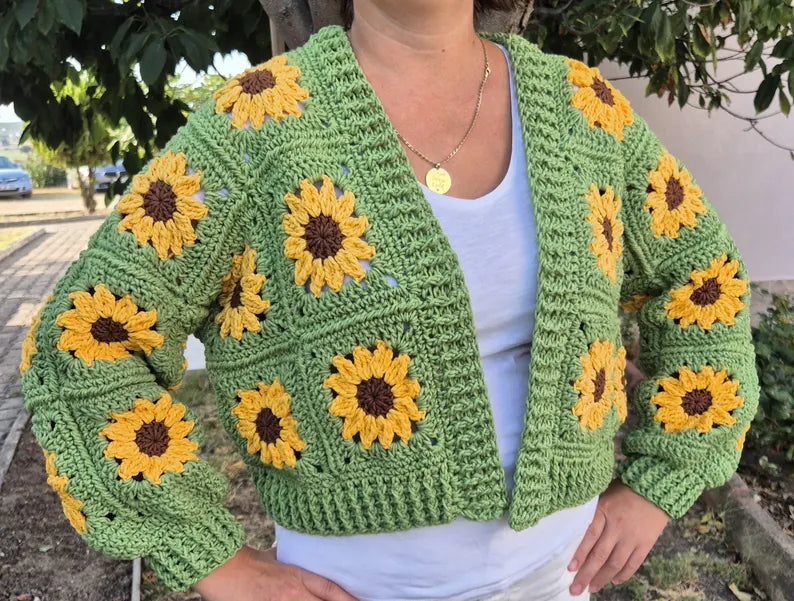 Handmade Green Crochet Cardigan with Sunflower Design